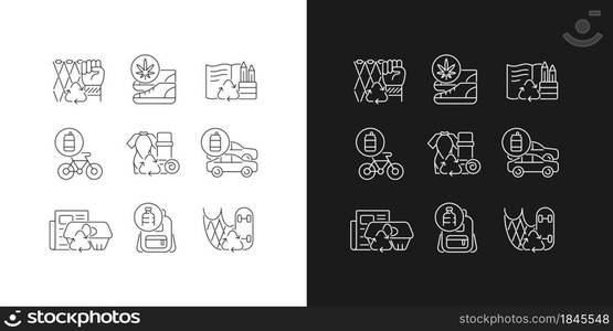 Reducing waste linear icons set for dark and light mode. Upcycling products. Biodegradable stationery. Customizable thin line symbols. Isolated vector outline illustrations. Editable stroke. Reducing waste linear icons set for dark and light mode