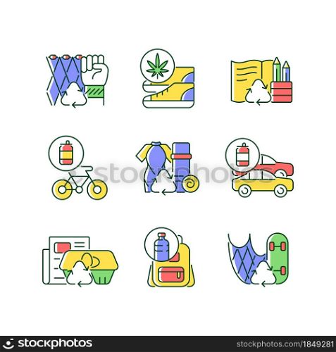 Reducing waste RGB color icons set. Upcycling products. Eco friendly shoes. Biodegradable stationery. Sustainable yoga equipment. Isolated vector illustrations. Simple filled line drawings collection. Reducing waste RGB color icons set