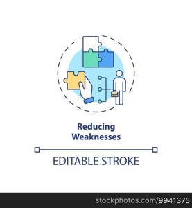 Reducing weaknesses concept icon. Staff training idea thin line illustration. Overcoming workplace weakness. Organization and responsibility. Vector isolated outline RGB color drawing. Editable stroke. Reducing weakness concept icon