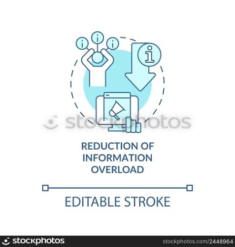 Reduction of information overload turquoise concept icon. Information industry role abstract idea thin line illustration. Isolated outline drawing. Editable stroke. Arial, Myriad Pro-Bold fonts used. Reduction of information overload turquoise concept icon