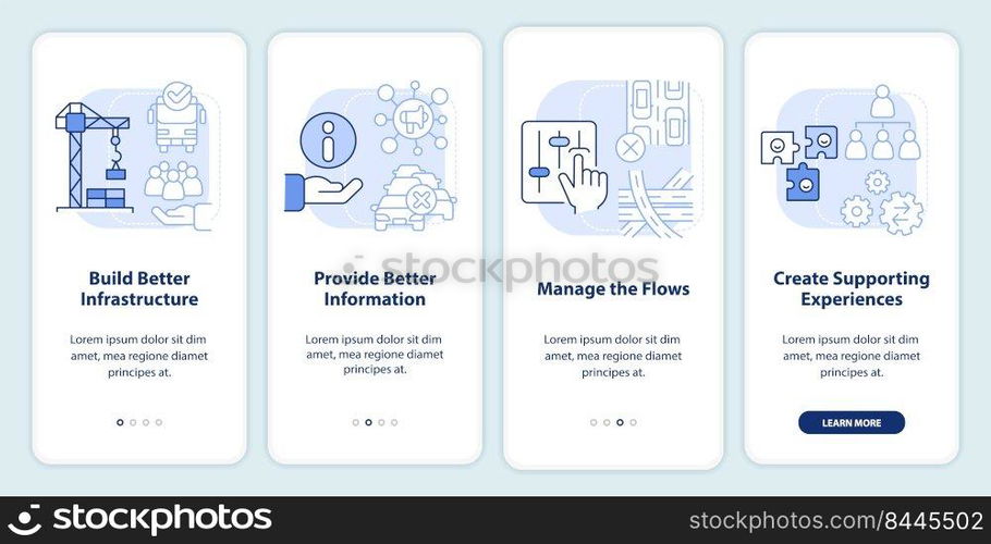 Reduction of overcrowding light blue onboarding mobile app screen. Walkthrough 4 steps editable graphic instructions with linear concepts. UI, UX, GUI template. Myriad Pro-Bold, Regular fonts used. Reduction of overcrowding light blue onboarding mobile app screen