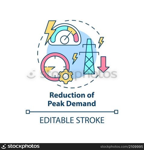 Reduction of peak demand concept icon. Smart grid system work abstract idea thin line illustration. Isolated outline drawing. Editable stroke. Roboto-Medium, Myriad Pro-Bold fonts used. Reduction of peak demand concept icon