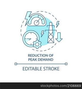 Reduction of peak demand turquoise concept icon. Smart grid work control abstract idea thin line illustration. Isolated outline drawing. Editable stroke. Roboto-Medium, Myriad Pro-Bold fonts used. Reduction of peak demand turquoise concept icon