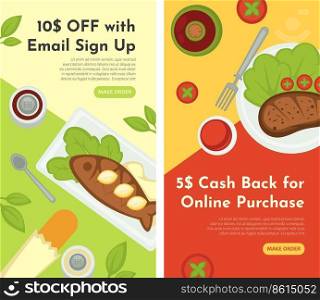Reduction off price, cash back for online purchase from restaurant. Discount with email sign up. Serves fish and steak with vegetables, lemon slices. Diner or cafe menu. Website page, vector in flat. Discount with email sign up, restaurant menu web