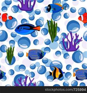 Reef fish underwater with bubbles. Undersea seamless pattern. Kids background. Pattern of fish for textile fabric or book covers, wallpapers, design, graphic art, wrapping. Fish underwater with bubbles. Undersea seamless pattern.