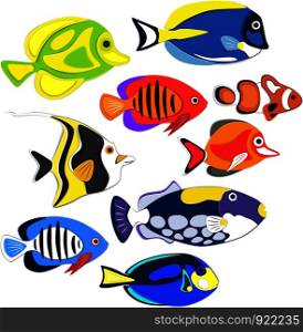 Reef fishes in paper art style. Colorful exotic aquarium fauna vector illustration. Marine ecosystem, ocean underwater wildlife. Caribbean aquatic coral fauna.. Reef fishes in paper art style
