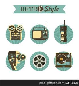 Reel to reel tape, retro TV, legacy wireless phones, film reel, vintage movie camera, gramophone. Set of vector icons, logos.