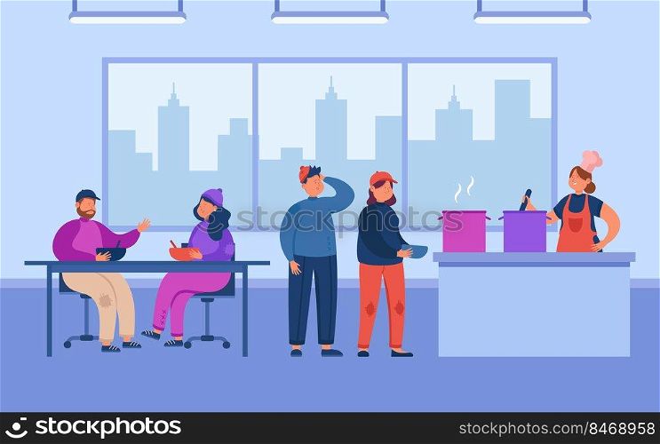 Refectory interior and girl cooking for poor people. Homeless cartoon men and women eating food in night shelter flat vector illustration. Poverty, support concept for banner or landing web page