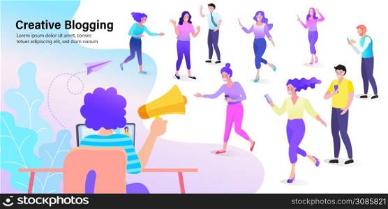 refer a friend concept banner friend sharing referral code businessman use megaphone and computer. social media or network promotion. Flat vector illustration.