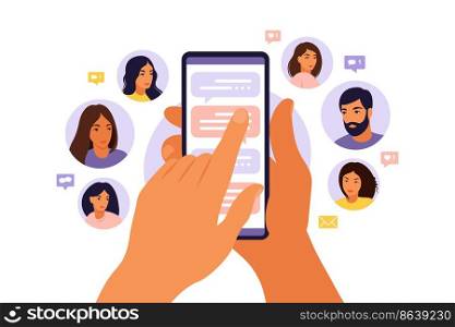Refer a friend concept with cartoon hands holding a phone with a list of friends contacts. Referral marketing strategy banner, landing page template, ui, web, mobile app, poster, banner, flyer.