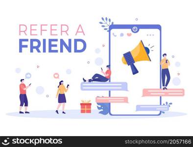 Refer a Friend Flat Design Illustration with Megaphone on Screen Mobile Phone and Social Media Marketing for Friends via Banner, Background or Poster