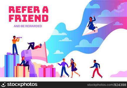 Refer a friend. Friendly people with megaphone referring new users. Business recommendation program. Flat vector young referred finance businessman background. Refer a friend. Friendly people with megaphone referring new users. Business recommendation website. Flat vector background
