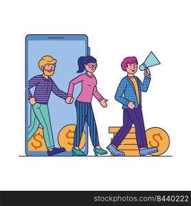 Refer a friend marketing loyalty program. Man and woman with megaphone walking together phone screen with cash. Vector illustration for earning money, announcement, advertising, business concept