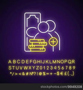 Refer-a-friend-program neon light icon. Referral program. Receiving bonus, benefit. Rewards card. Outer glowing effect. Sign with alphabet, numbers and symbols. Vector isolated RGB color illustration. Refer-a-friend-program neon light icon