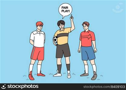 Referee with football players announce fair play on field. Sports activity concept. Men playing football outdoors. Flat vector illustration.. Referee with football players on field