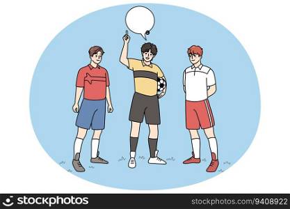 Referee with football players announce fair play on field. Sports activity concept. Men playing football outdoors. Flat vector illustration.. Referee with football players on field