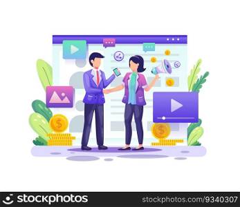 Referral marketing, affiliate marketing, a business partnership with two business people agree on the referral program. vector illustration
