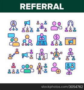 Referral Marketing Collection Icons Set Vector Thin Line. Internet And Communication Friend Recommendation, Referral Link And Dollar Coin Concept Linear Pictograms. Color Contour Illustrations. Referral Marketing Collection Icons Set Vector