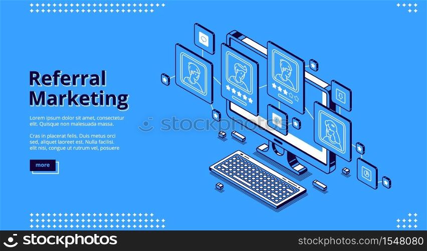 Referral marketing isometric landing page. Refer a friend loyalty program, promotion method, business strategy. People or customers connected in network on laptop screen. 3d vector line art web banner. Referral marketing isometric landing page, banner