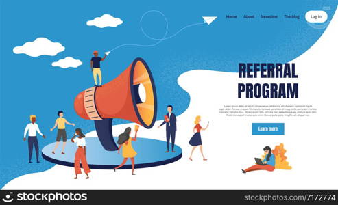 Referral marketing landing page. Loudspeaker business announcements of referral customer loyalty program. Vector web page partnership base friendly customers concept. Referral marketing landing page. Loudspeaker business announcements of referral customer loyalty program. Vector web page