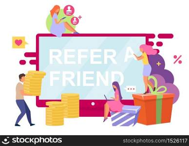 Referred customers flat vector illustration. Refer a friend cartoon concept isolated on white background. Referral program, bonuses, rewards. Influencer and viral marketing. Social sharing