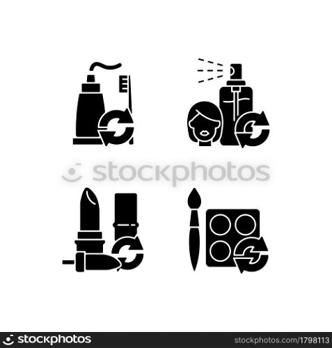 Refill and reuse black glyph icons set on white space. Toothpaste and brush. Hair sprayer. Lipstick container. Art palette. Eco friendly package. Silhouette symbols. Vector isolated illustration. Refill and reuse black glyph icons set on white space