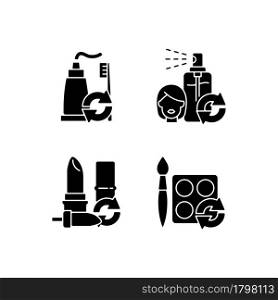 Refill and reuse black glyph icons set on white space. Toothpaste and brush. Hair sprayer. Lipstick container. Art palette. Eco friendly package. Silhouette symbols. Vector isolated illustration. Refill and reuse black glyph icons set on white space