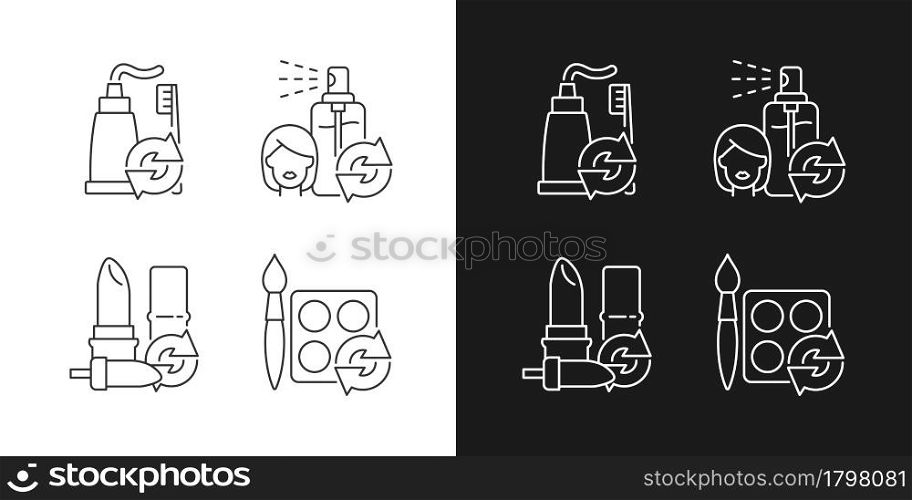 Refill and reuse linear icons set for dark and light mode. Toothpaste and brush. Eco friendly package. Customizable thin line symbols. Isolated vector outline illustrations. Editable stroke. Refill and reuse linear icons set for dark and light mode