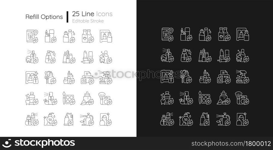 Refill options linear icons set for dark and light mode. Reusable products to reduce carbon print on environment. Customizable thin line symbols. Isolated vector outline illustrations. Editable stroke. Refill options linear icons set for dark and light mode