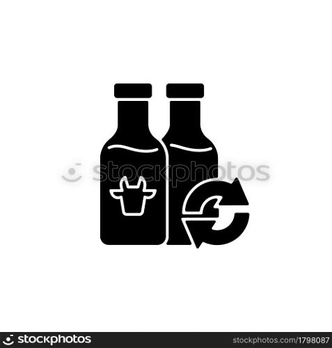 Refillable milk bottles black glyph icon. Glass bottle for lactose drink. Eco friendly package. Grocery products with calcium. Silhouette symbol on white space. Vector isolated illustration. Refillable milk bottles black glyph icon
