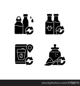 Refillable options black glyph icons set on white space. Water bottle. Milk drink. Reusable coffee cup for take away. Eco friendly package. Silhouette symbols. Vector isolated illustration. Refillable options black glyph icons set on white space