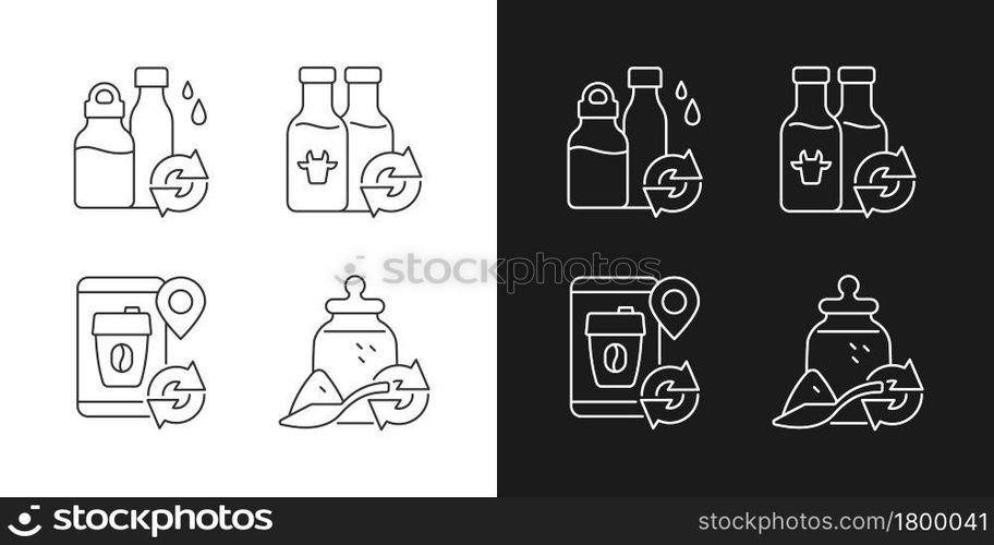 Refillable options linear icons set for dark and light mode. Water bottle. Milk drink. Eco friendly package. Customizable thin line symbols. Isolated vector outline illustrations. Editable stroke. Refillable options linear icons set for dark and light mode