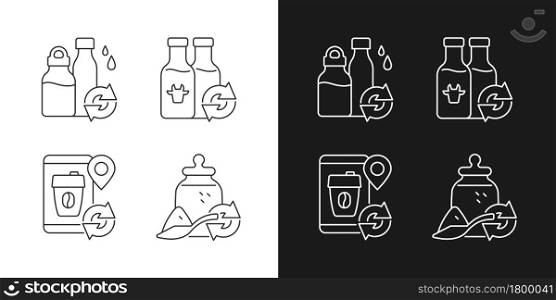 Refillable options linear icons set for dark and light mode. Water bottle. Milk drink. Eco friendly package. Customizable thin line symbols. Isolated vector outline illustrations. Editable stroke. Refillable options linear icons set for dark and light mode