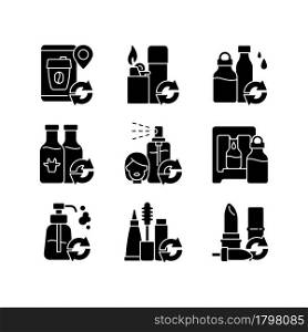 Refillable products black glyph icons set on white space. Recyclable and eco friendly package. Zero waste to reduce carbon print on environment. Silhouette symbols. Vector isolated illustration. Refillable products black glyph icons set on white space
