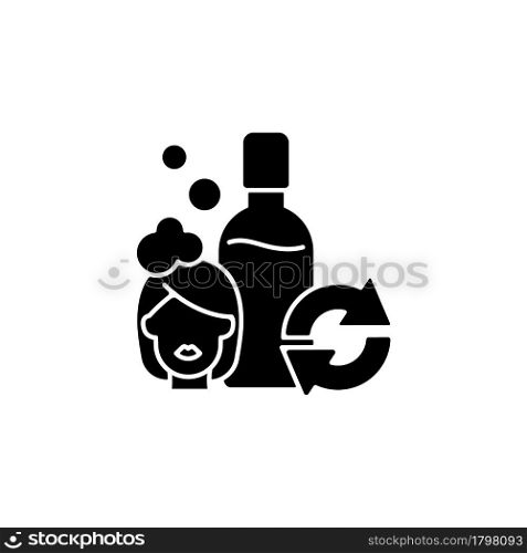 Refillable shampoo bottle black glyph icon. Eco friendly package for women cosmetic. Reusable products. Zero waste toiletries. Silhouette symbol on white space. Vector isolated illustration. Refillable shampoo bottle black glyph icon