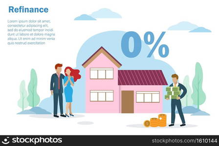 Refinance, home loan, house or estate mortgage concept. Bank officer offering 0  interest rate to family couple, husband and wife in front of beautiful house. 