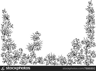 Refined floral vignette. Eau-forte black-and-white swirl decorative vector illustration.