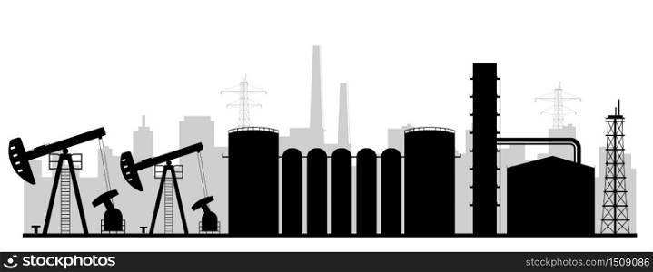 Refinery plant black silhouette vector illustration. Industrial gas extraction facility monochrome landscape. Onshore oil rig 2d cartoon shape with pumps and tanks. Natural resources exploitation