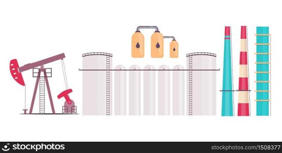 Refinery plant flat color vector objects set. Oil pump, tanks and factory chimneys 2D isolated cartoon illustrations on white background. Natural resources, burning fossil fuels mining industry