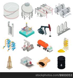 Refinery plant icons set. Isometric set of refinery plant vector icons for web design isolated on white background. Refinery plant icons set, isometric style