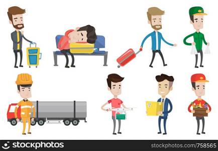 Refinery worker of oil and gas industry. Refinery worker standing on the background of fuel truck. Man working at refinery plant. Set of vector flat design illustrations isolated on white background.. Vector set of industrial workers.