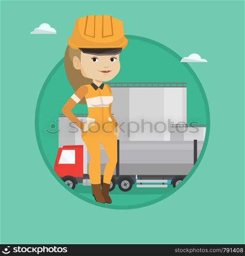 Refinery worker of oil and gas industry. Young caucasian worker standing on the background of fuel truck and oil refinery plant. Vector flat design illustration in the circle isolated on background.. Worker on background of fuel truck and oil plant.