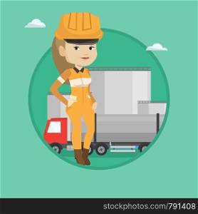 Refinery worker of oil and gas industry. Young caucasian worker standing on the background of fuel truck and oil refinery plant. Vector flat design illustration in the circle isolated on background.. Worker on background of fuel truck and oil plant.