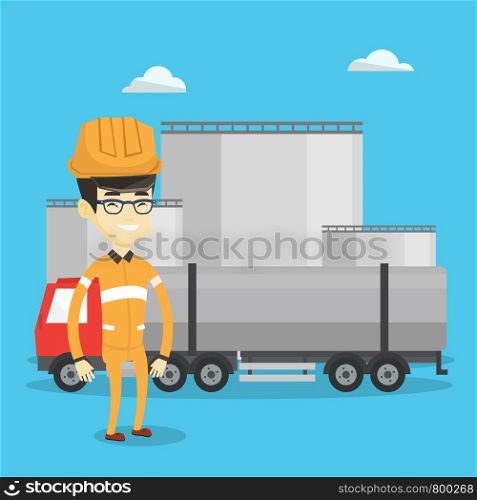 Refinery worker of oil and gas industry. Young worker standing on the background of fuel truck and oil refinery plant. Man working at refinery plant. Vector flat design illustration. Square layout.. Worker on background of fuel truck and oil plant.