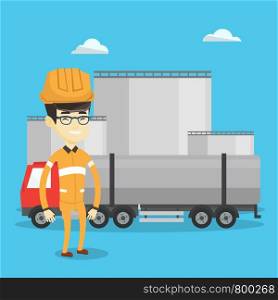 Refinery worker of oil and gas industry. Young worker standing on the background of fuel truck and oil refinery plant. Man working at refinery plant. Vector flat design illustration. Square layout.. Worker on background of fuel truck and oil plant.