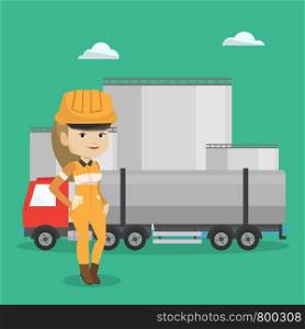 Refinery worker of oil and gas industry. Young worker standing on the background of fuel truck and oil refinery plant. Woman working at refinery plant. Vector flat design illustration. Square layout.. Worker on background of fuel truck and oil plant.