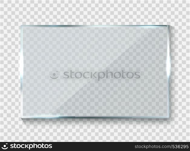 Reflecting glass banner. Gloss rectangle reflection 3d panel texture or clear window on transparent background vector frame