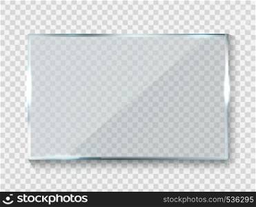 Reflecting glass banner. Gloss rectangle reflection 3d panel texture or clear window on transparent background vector frame