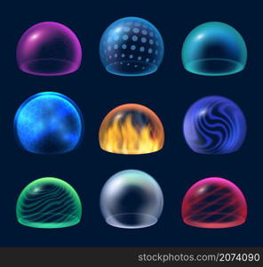 Reflection energy shield. Transparent glossy sphere security environment circles decent vector realistic illustrations. Energy shield futuristic, barrier realistic collection. Reflection energy shield. Transparent glossy sphere security environment circles decent vector realistic illustrations