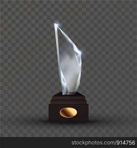 Reflection Glass Trophy In Crystal Shape Vector. Glossy Trophy On Wooden Pedestal With Empty Golden Oval Plate. Sport Reward For First Place Championship Template Realistic 3d Illustration. Reflection Glass Trophy In Crystal Shape Vector